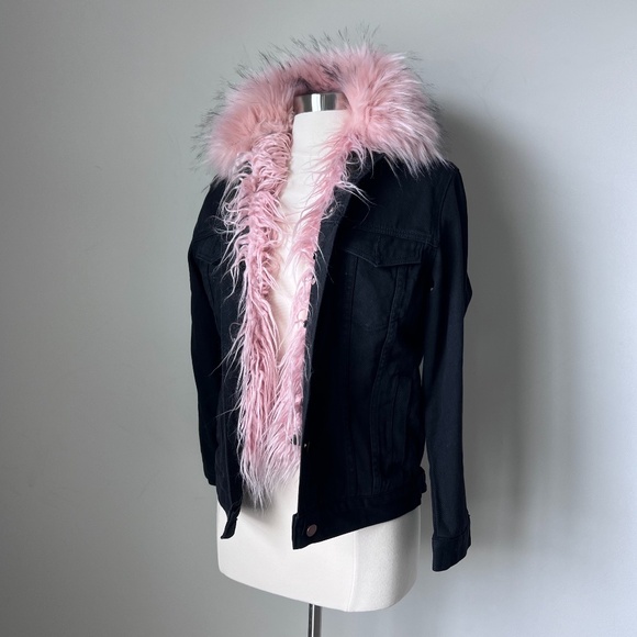 Shaci Fur Jacket Black Jean Jacket Pink Faux Fur - Picture 7 of 16